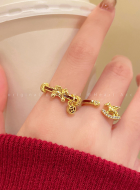 锆石木马开口戒指女小众独特童趣设计金色指环2025新款秋冬食指戒