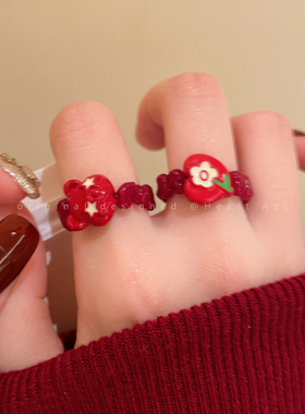 红色小花串珠戒指女2025新款超显白食指戒小众设计感卡通小熊指环