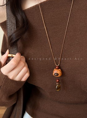 萌物来袭~木质小熊星星项链女秋冬可爱长款毛衣链小众设计感配饰