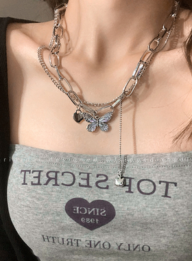 双层叠戴蝴蝶链条项链女嘻哈辣妹