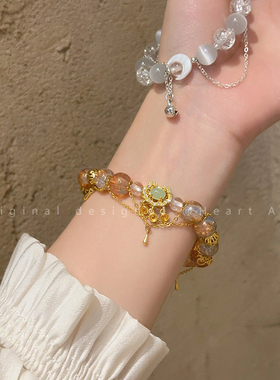 猫眼石琉璃串珠平安锁双层手链女