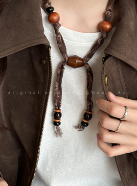 复古花朵布艺串珠项链女小众独特设计感挂脖毛衣链可调节气质配饰