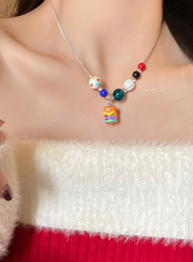 彩色串珠圣诞树姜饼人项链女卡通可爱甜美锁骨链时尚个性毛衣配饰