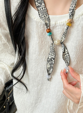 复古腰果花串珠丝巾项链女小众独特设计感毛衣链日常百搭挂脖配饰