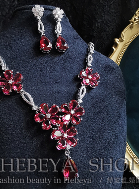 红色旗袍项链~新中式高端珠宝新娘礼服锆石耳环项链套装 可改耳夹
