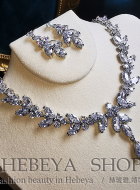 璀璨星系新娘婚纱礼服套装锆石耳环项链结婚配饰耳坠改无耳洞耳夹