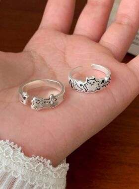 小众ins风亚银猫咪恶魔幽灵开口戒指女复古设计感可调节简约手饰