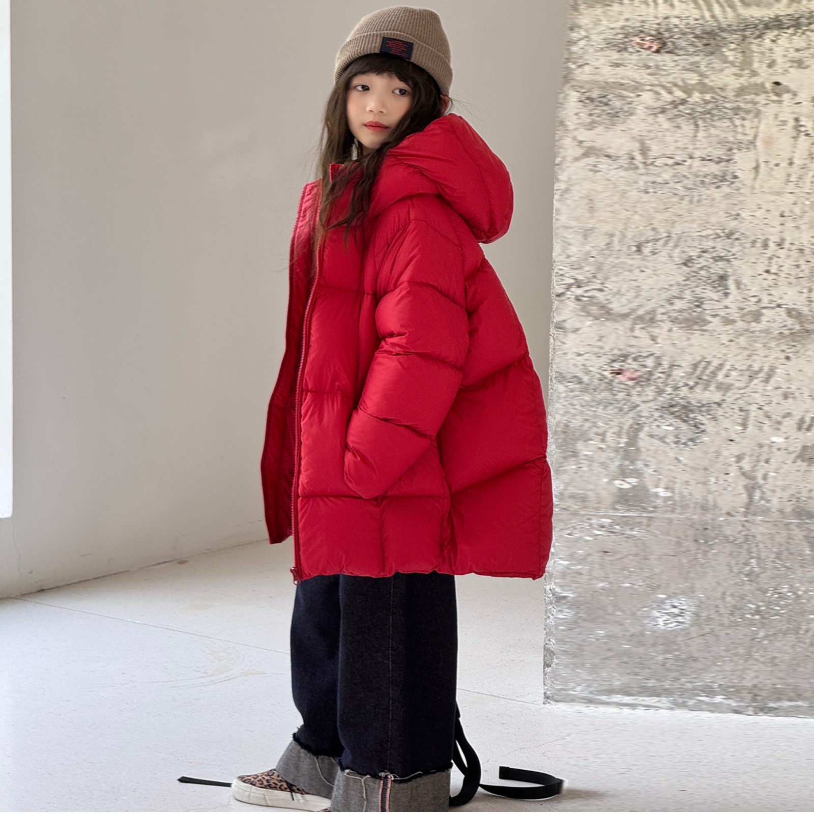 儿童中长款羽绒服韩版新款男童女童中大童加厚连帽白鸭绒泡芙 - 图0