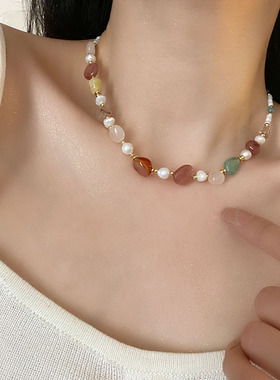 原创糖果色天然石锁骨链项链女小众淡水珍珠手链高级感配饰套装