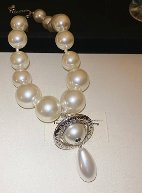 欧美跨境大小珍珠土星吊坠项链简约高级感锁骨链夸张个性小众