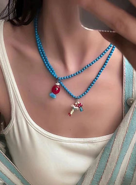 彩色多巴胺小鱼蘑菇吊坠蓝色串珠项链女萌趣可爱百搭颈链锁骨链