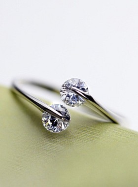 s925纯银戒指白金女圆珠子水晶