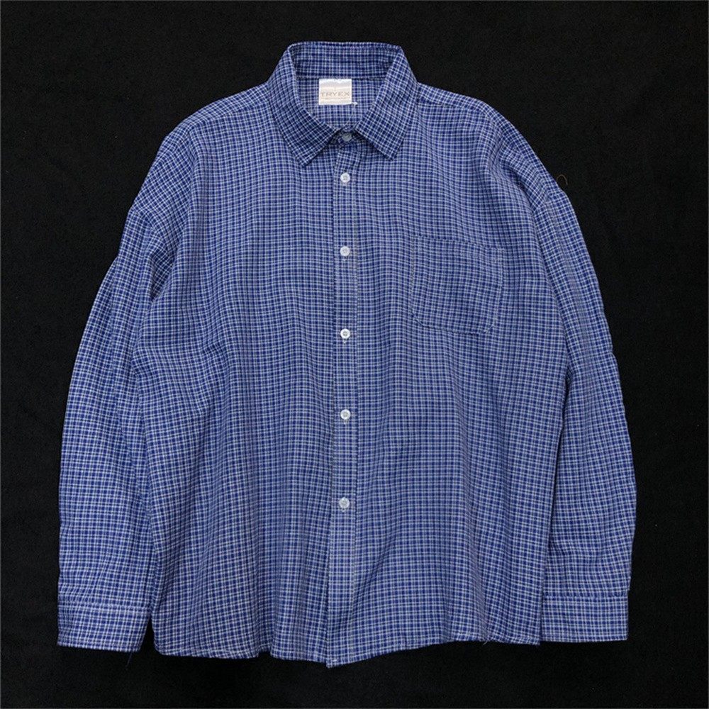 日系格子衬衫男生蓝色小格子衬衣蓝白格上衣穿搭宽松外套男女潮牌,淘宝优惠券,粉丝福利购,淘宝优惠卷