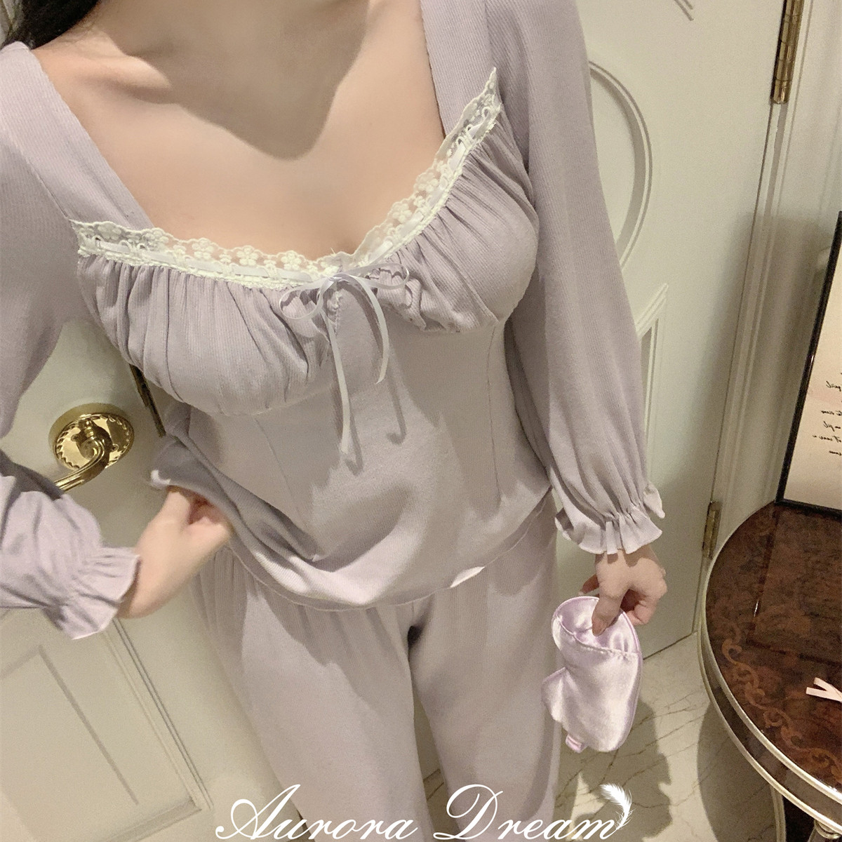 欧若拉睡衣女【紫韵情缘】秋季法式优雅莫代尔长袖长裤带胸垫睡衣,淘宝优惠券,粉丝福利购,淘宝优惠卷