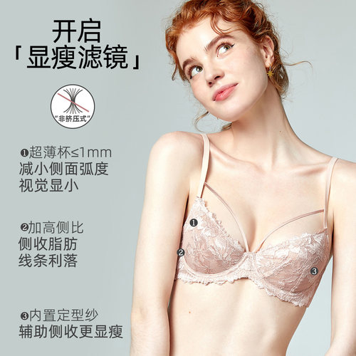 好奇蜜斯大胸显小胸防下垂内衣女法式超薄性感纯欲蕾丝文胸罩套装 - 图0
