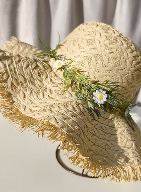 手工编织菊花草帽女士夏天凉帽遮阳帽出游沙滩帽夏季防晒帽太阳帽