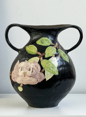 景德镇手工陶瓷手绘花瓶绿植插花瓶家居客厅茶室玄关摆件双耳