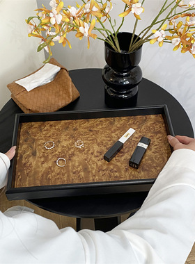 火山纹托盘1件高级感带把手ins复古中古卧室玄关木盘首饰盘托盘