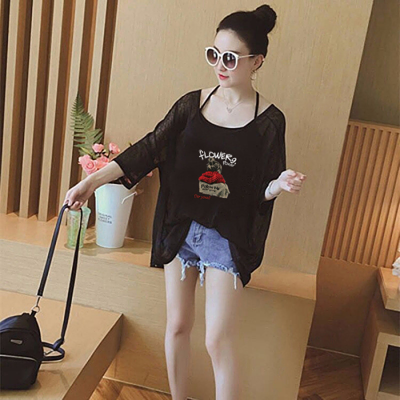 夏装新款防晒衣大码字母宽松圆领短袖吊带T恤两件套打底衫上衣女,淘宝优惠券,粉丝福利购,淘宝优惠卷