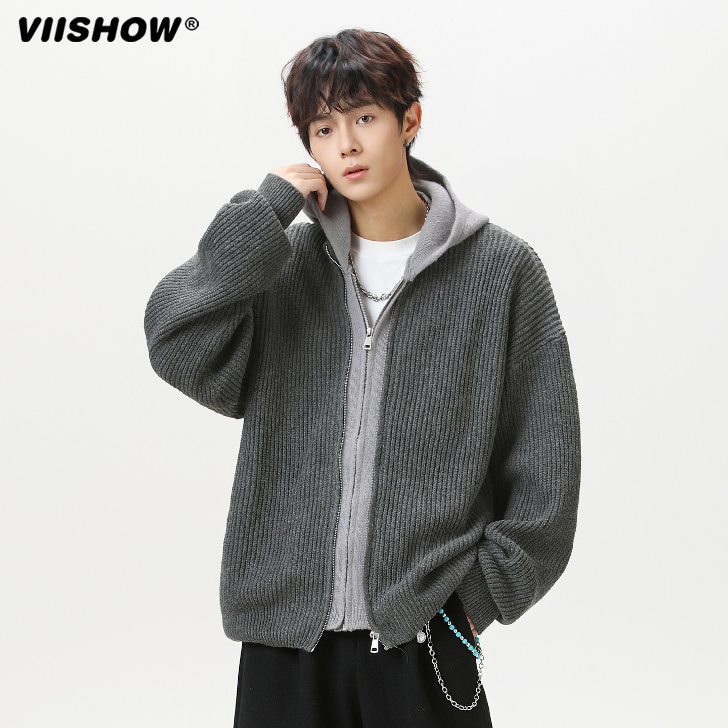 VIISHOW重磅连帽针织开衫男秋秋季美式复古慵懒拉链毛衣外套上衣,淘宝优惠券,粉丝福利购,淘宝优惠卷