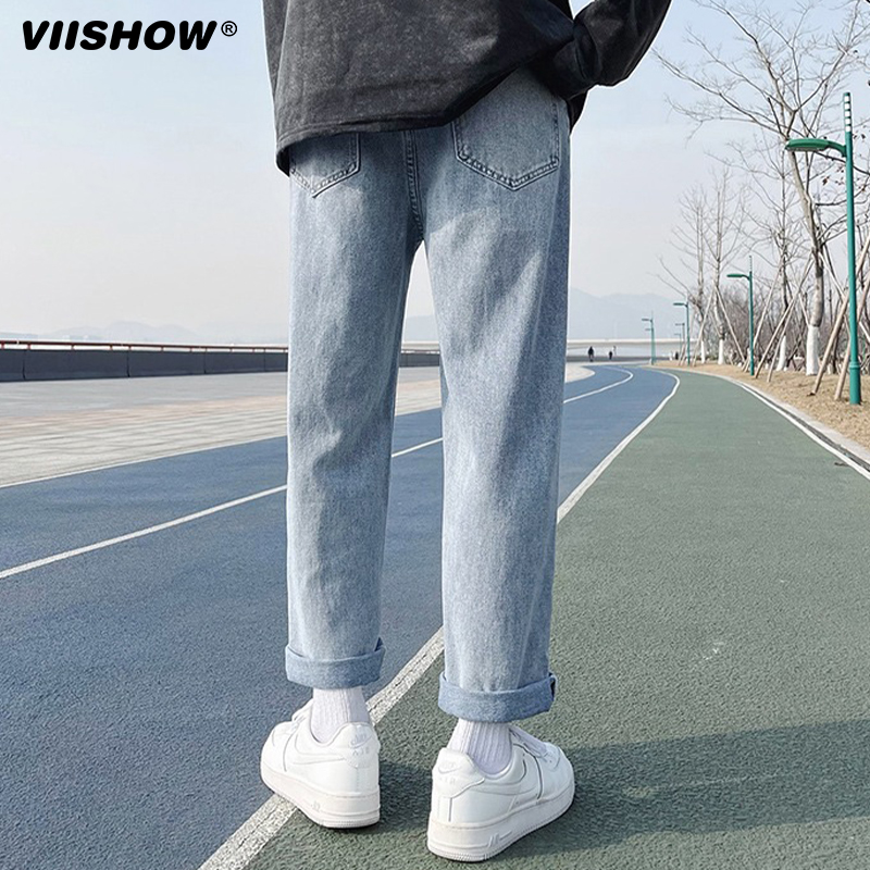 VIISHOW松紧腰直筒牛仔裤男夏季宽松九分阔腿潮牌高腰休闲长裤子 - 图1