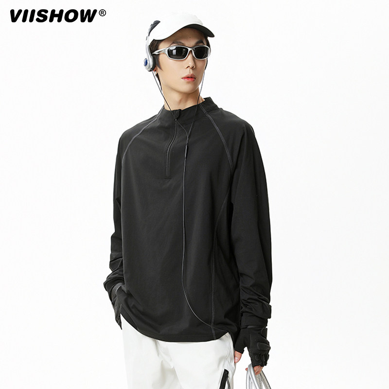 VIISHOW户外半高领拉链长袖T恤男25年春宽松百搭吸湿运动速干打底,淘宝优惠券,粉丝福利购,淘宝优惠卷
