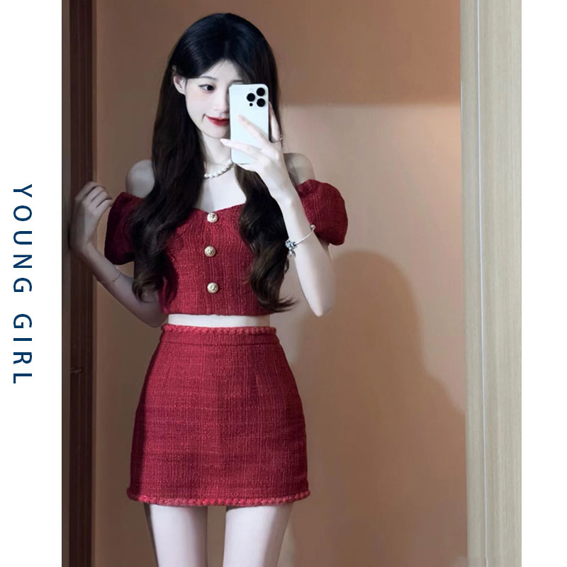 小香风高级时装套装2024夏季新款设计感小众甜辣红色复古两件套裙 - 图1