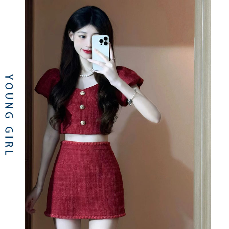 小香风高级时装套装2024夏季新款设计感小众甜辣红色复古两件套裙 - 图3