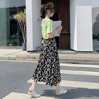 ຂະ ໜາດ ໃຫຍ່ wrinkle chrysanthemum A-line skirt summer fat mm high waist slim floral skirt for women mid-length printed chiffon skirt
