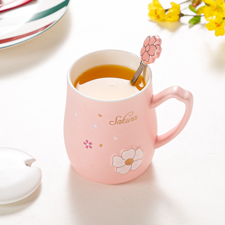 日式樱花陶瓷杯子创意办公咖啡杯家用早餐带盖潮流马克杯情侣水杯 - 图2