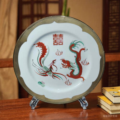包老景德镇567老厂瓷/手绘粉彩龙凤双喜金斗方10英寸婚庆装饰赏盘 - 图0