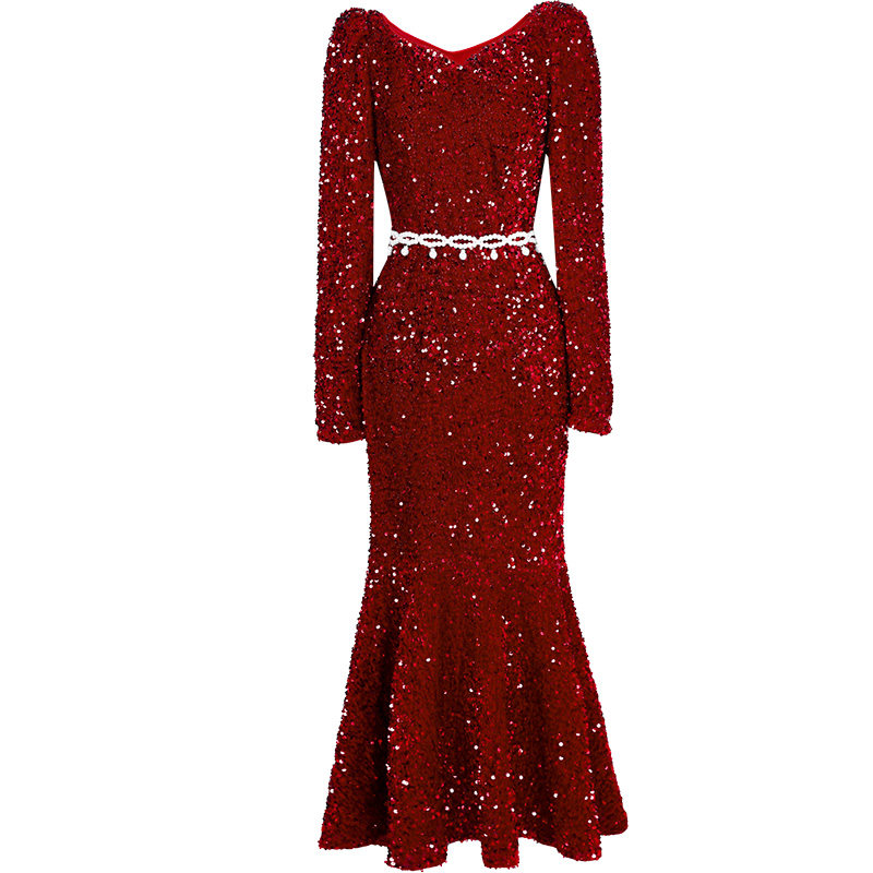 2024秋冬季新款年会富家千金收腰鱼尾轻礼服长款连衣裙丝绒亮片