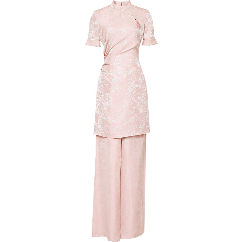 2026夏季新款新中式立领短袖衬衣+显瘦窄版阔腿长裤人丝提花套装