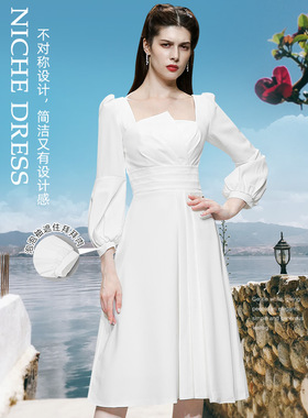 秋装女装2022新款气质法式复古方领灯笼袖白色中长款连衣裙女