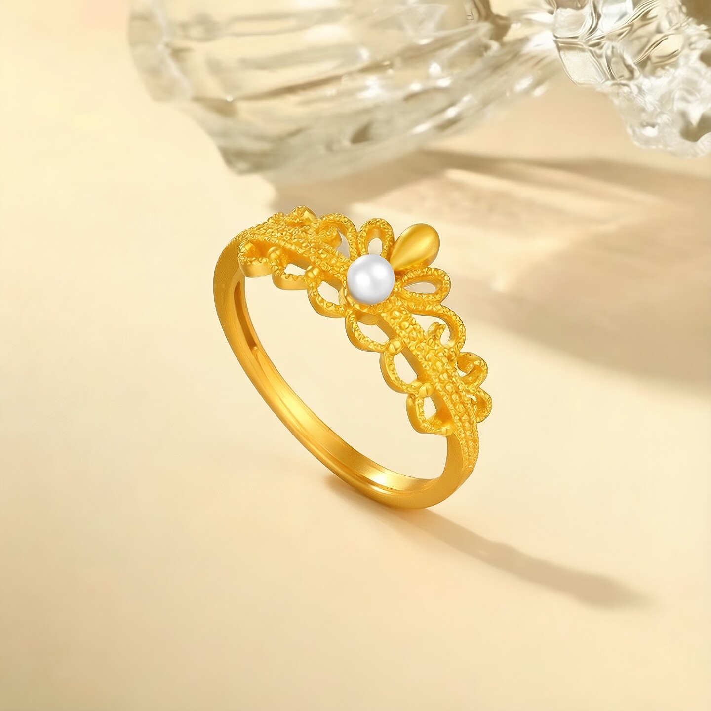 Chao Acer intangible cultural heritage filigree gold pearl ring pure gold ring hand ornament 5G lace high-end sense for women