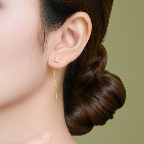 潮宏基花韵黄18K金耳线彩金荷花荷叶莲花耳饰耳钉礼物女单只 - 图3