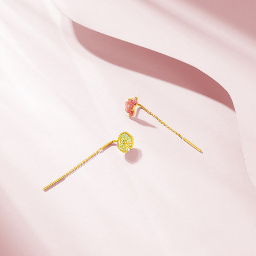 潮宏基花韵黄18K金耳线彩金荷花荷叶莲花耳饰耳钉礼物女单只 - 图2