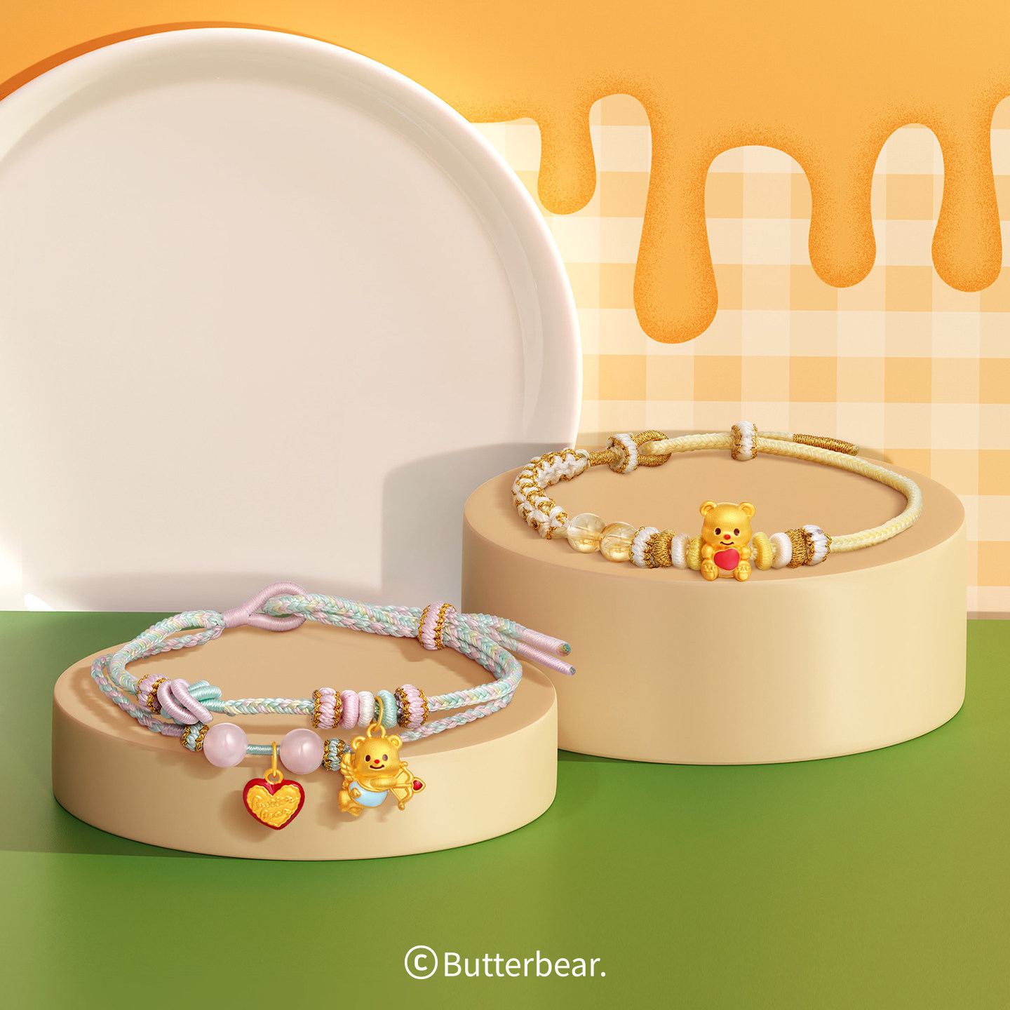 潮宏基黄油小熊足金水晶手链黄金手绳5D硬金正版联名新年礼物女 X - 图0