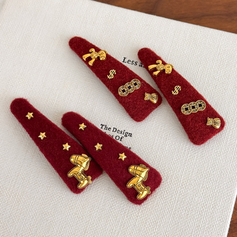 马上有钱花新年红色喜庆发夹设计感豹纹侧边刘海碎发bb夹发卡 - 图1