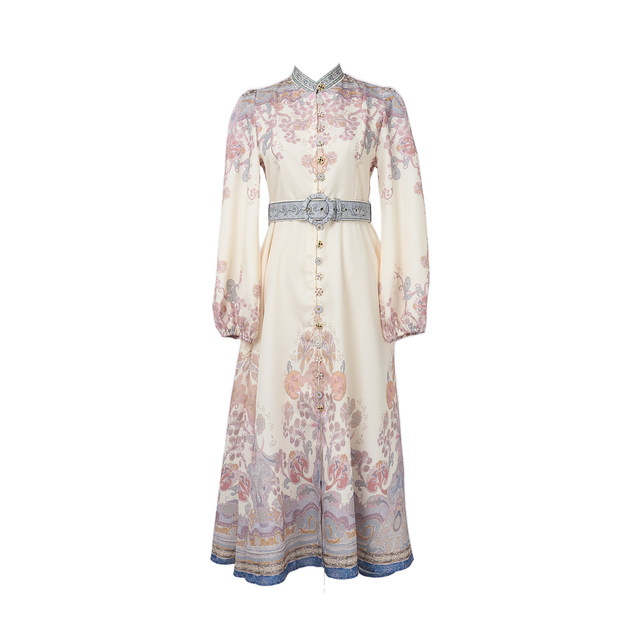 2024 spot Australian retro cotton and linen small turtleneck belt waist super slim long-sleeved long dress