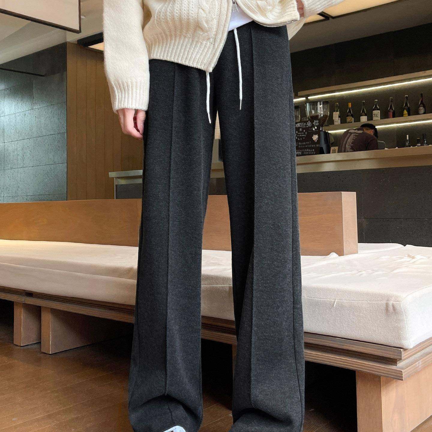 窄版阔腿裤女冬小个子休闲加绒加厚卫裤人字纹羊毛呢糯米直筒裤子,淘宝优惠券,粉丝福利购,淘宝优惠卷