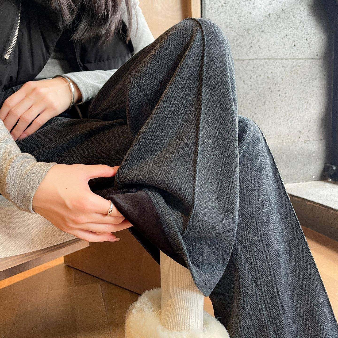 窄版阔腿裤女冬小个子休闲加绒加厚卫裤人字纹羊毛呢糯米直筒裤子,淘宝优惠券,粉丝福利购,淘宝优惠卷