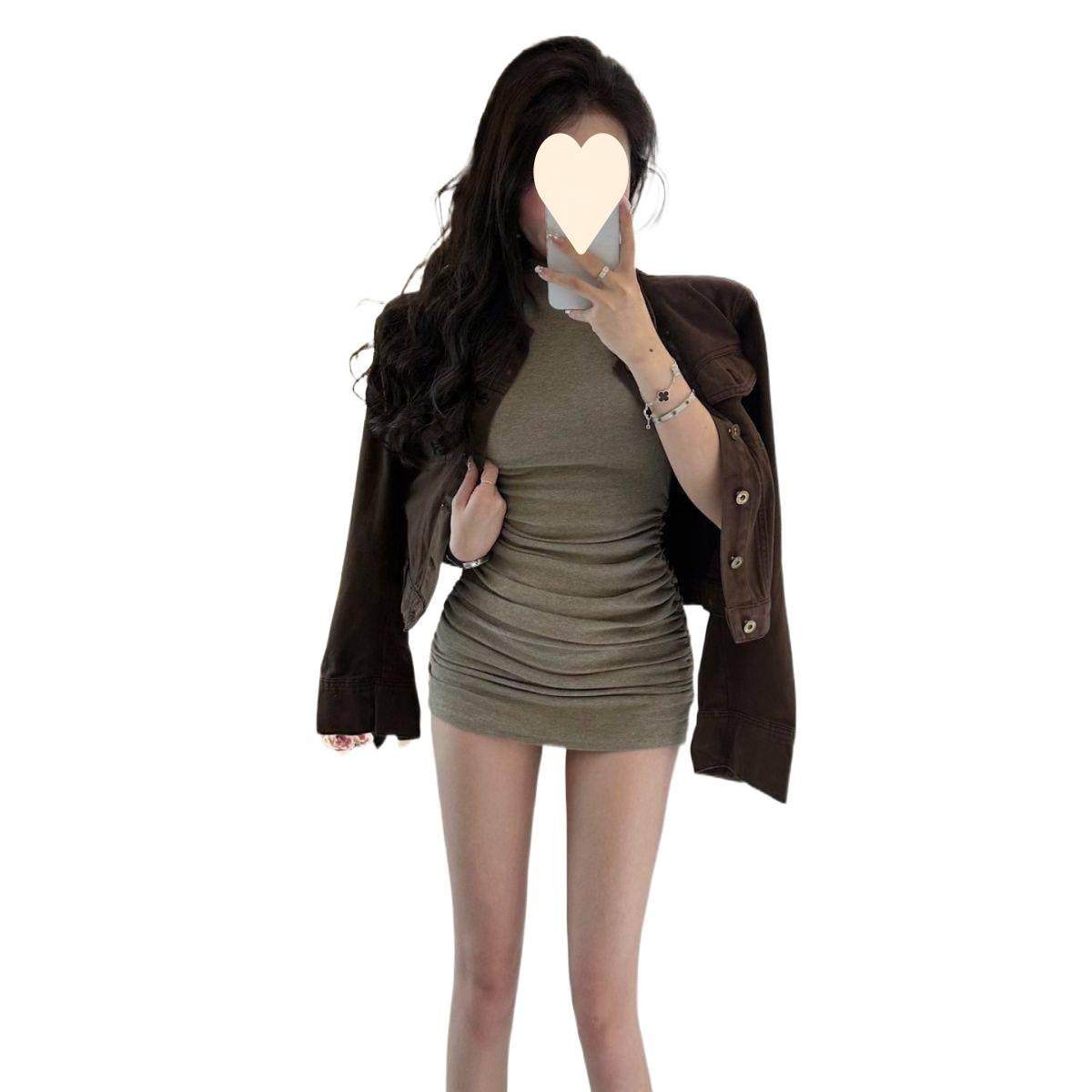 2025秋季新款美式复古短款牛仔外套+高领褶皱包臀连衣裙两件套女,淘宝优惠券,粉丝福利购,淘宝优惠卷