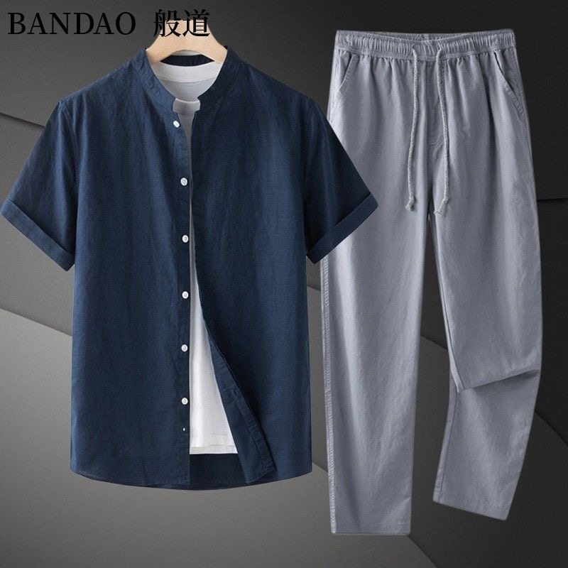 跨境亚马逊美式夏季立领短袖衬衫长裤男休闲亚麻沙滩度假休闲套装,淘宝优惠券,粉丝福利购,淘宝优惠卷
