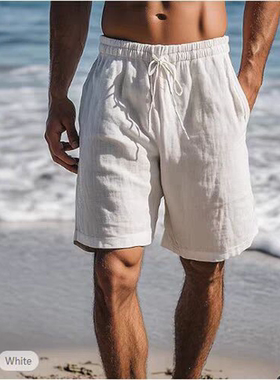 men's shorts新款短裤抽绳松紧腰直腿纯色透气日常沙滩五分休闲