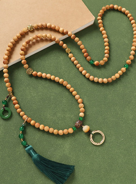 新中式禅意国风防丢手机挂链崖柏香樟木长款串珠流苏斜挎链女配饰