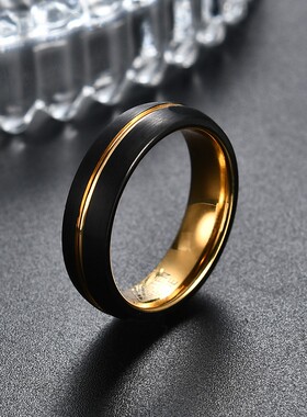 新款跨境欧美热卖戒指 6MM钨钢时尚钛钢黑间金不锈钢戒指指环饰品