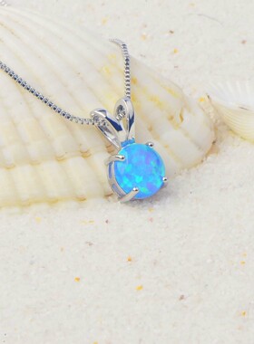 新款 ins风 爆款澳宝蓝色澳宝小圆形吊坠饰品镶进口欧泊