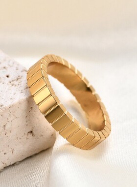 新款厂家 欧美跨境4MM长方格时尚简约条纹不锈钢戒指指环热卖