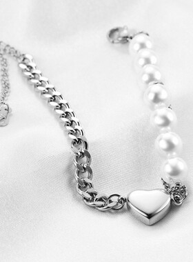 新款欧美跨境气质百搭不锈钢爱心仿珍珠拼接古巴链手链女激光Logo